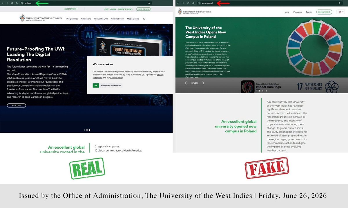 UWI Warns Public of Fraudulent Website Harvesting Personal Data