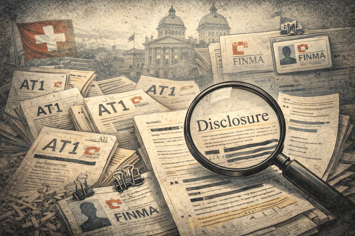 Illustration showing AT1 bond documents, FINMA files and investigative papers related to the Credit Suisse AT1 legal controversy