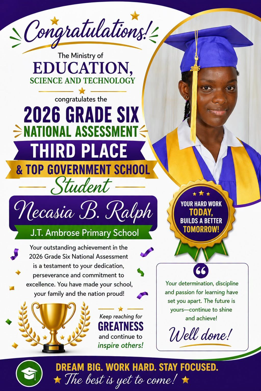 J.T. Ambrose Student Necasia Ralph Places Third Nationally in Grade 6 Assessment